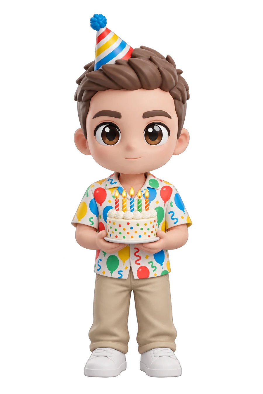 Chibi figurine of a man in a party hat holding a birthday cake