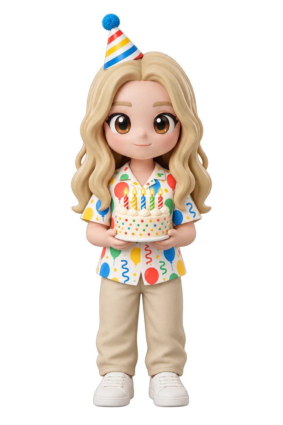 Chibi figurine of a woman in a party hat holding a birthday cake