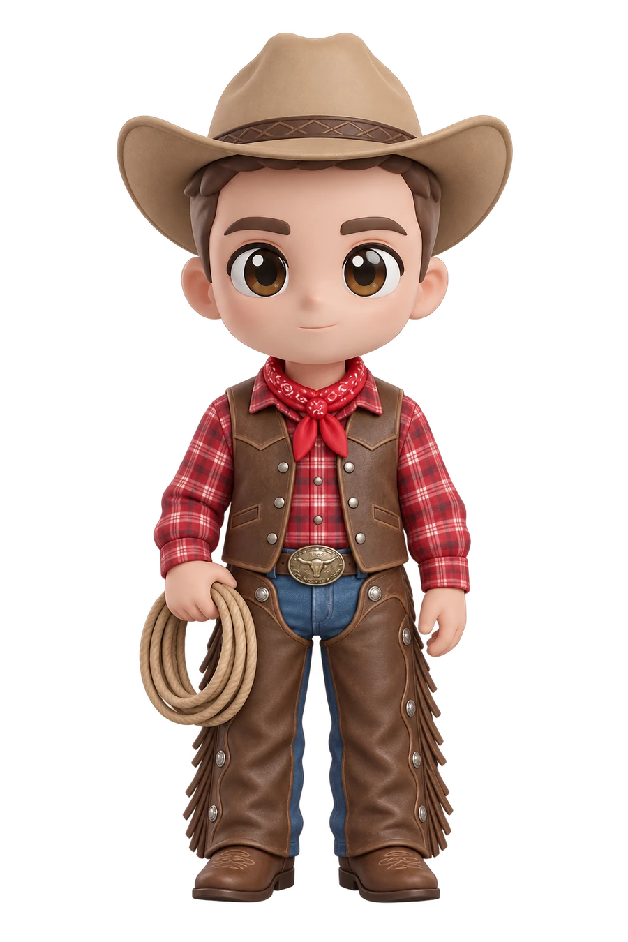 Chibi figurine of a man in a cowboy hat and chaps, holding a lasso