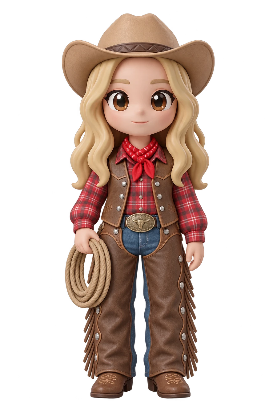 Chibi figurine of a cowgirl in a cowboy hat and chaps, holding a lasso