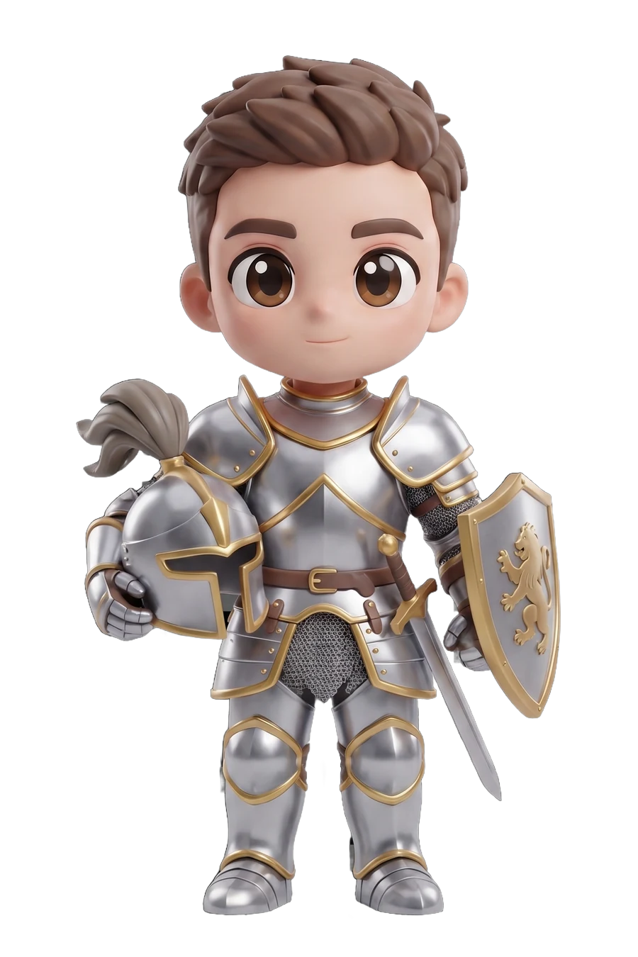 Chibi figurine of a knight in silver armour, helm under one arm and a lion shield