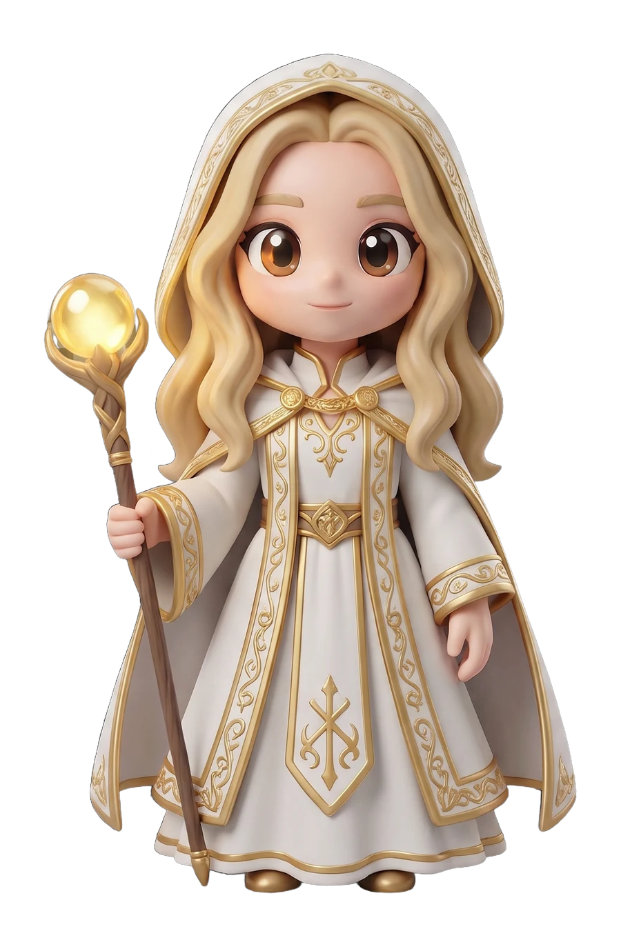 Chibi figurine of a priestess in a white and gold robe, holding a glowing staff