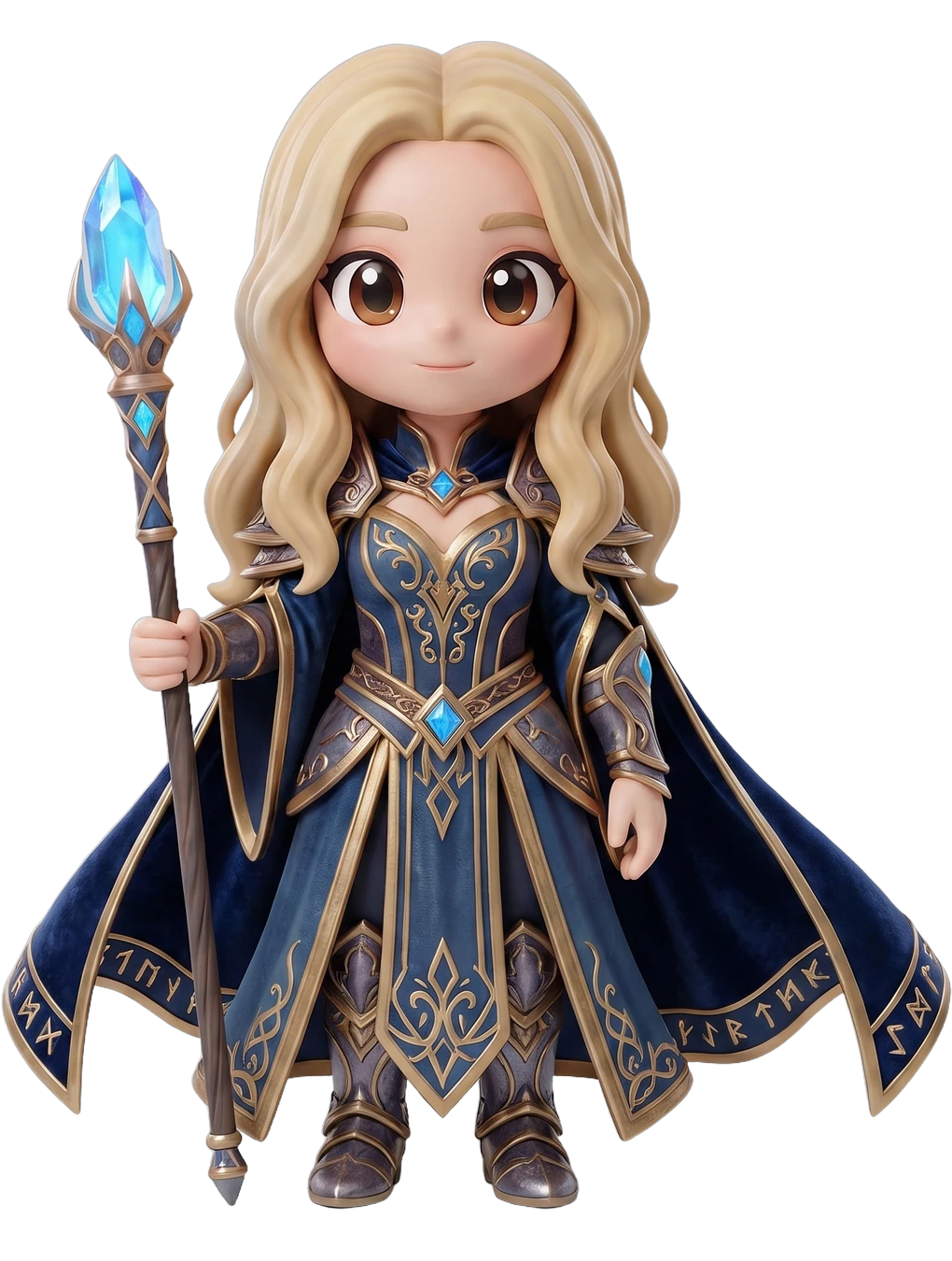 Chibi figurine of a sorceress in a blue and gold robe, holding a crystal staff