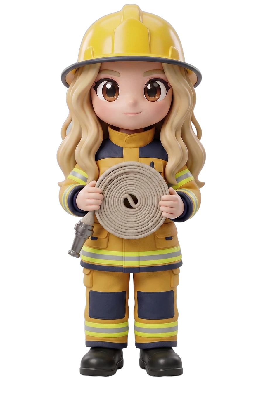 Chibi figurine of a woman firefighter in turnout gear with reflective stripes