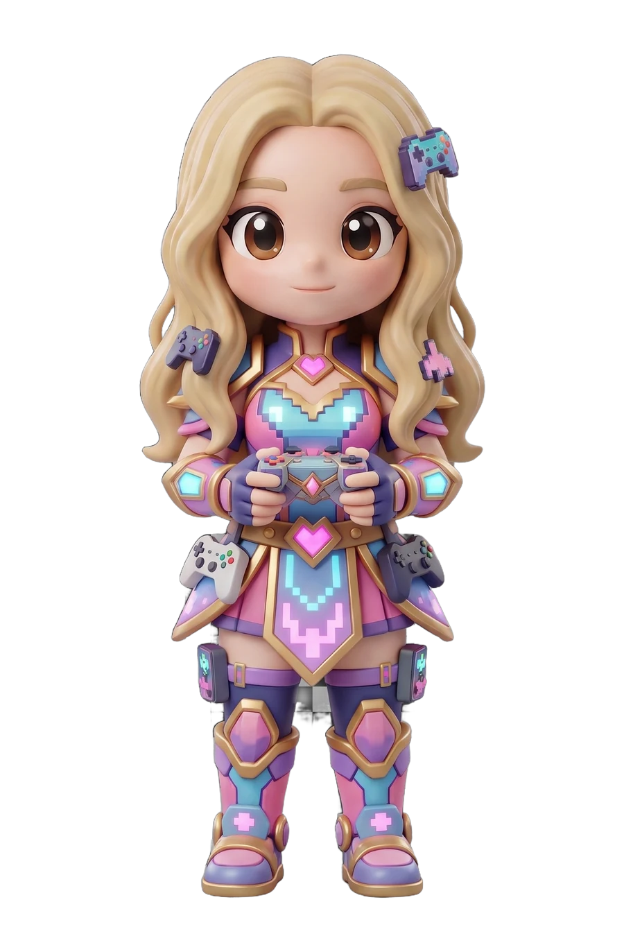 Chibi figurine of a gamer in glowing pink and blue armour, pad in hand