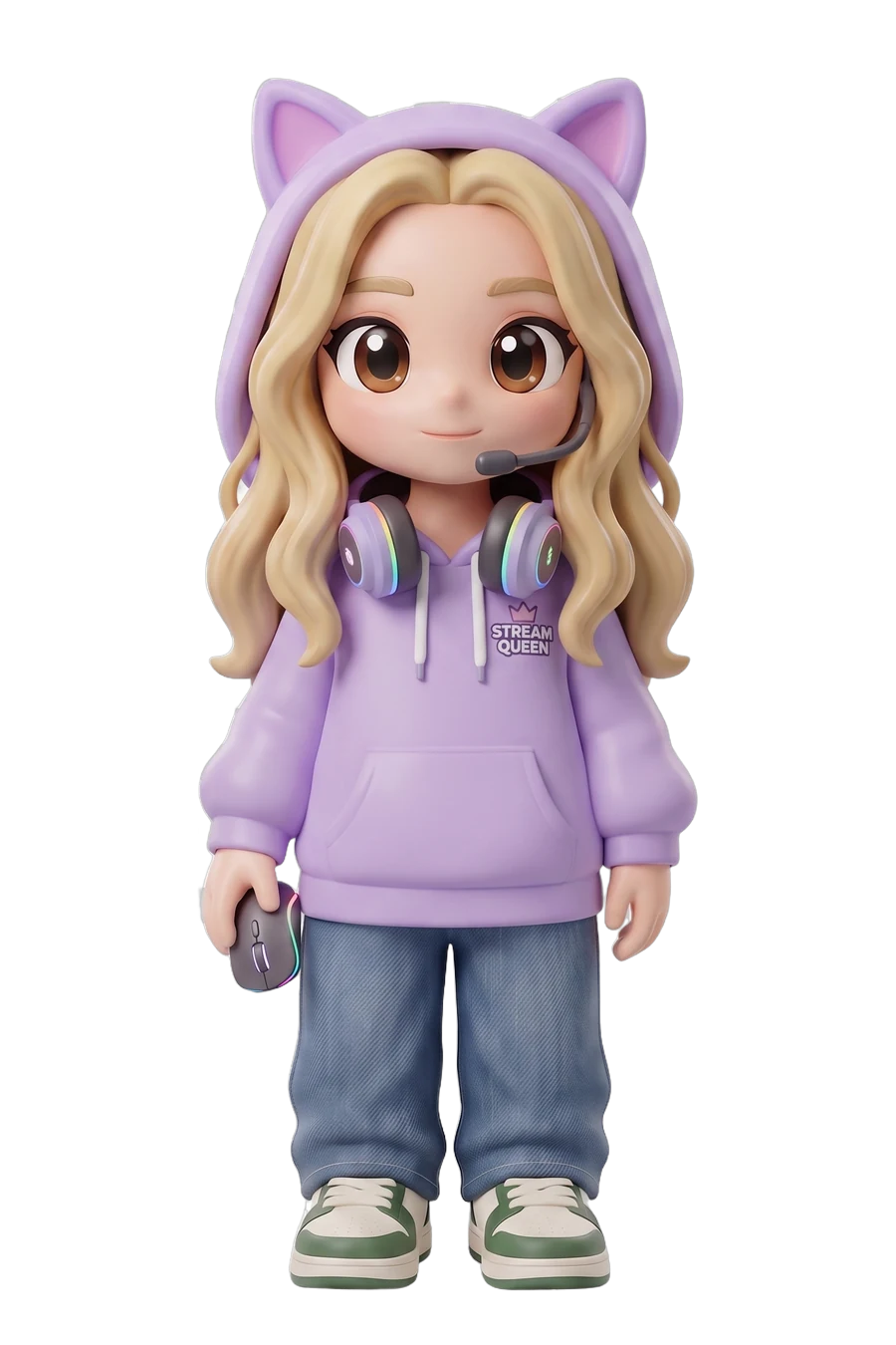 Chibi figurine of a gamer in a cat-ear hoodie with headphones round her neck