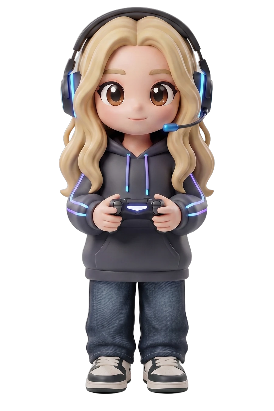 Chibi figurine of a woman in a headset and a neon-trimmed hoodie, controller in hand