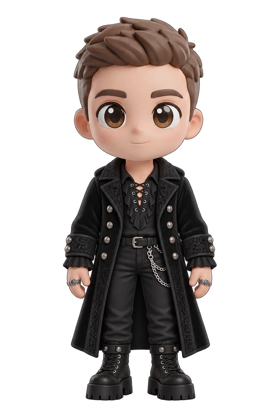 Chibi figurine of a man in a long black velvet coat and platform boots