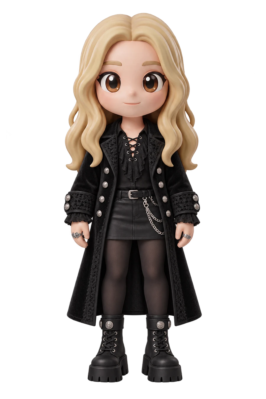 Chibi figurine of a woman in a long black velvet coat, lace top and platform boots