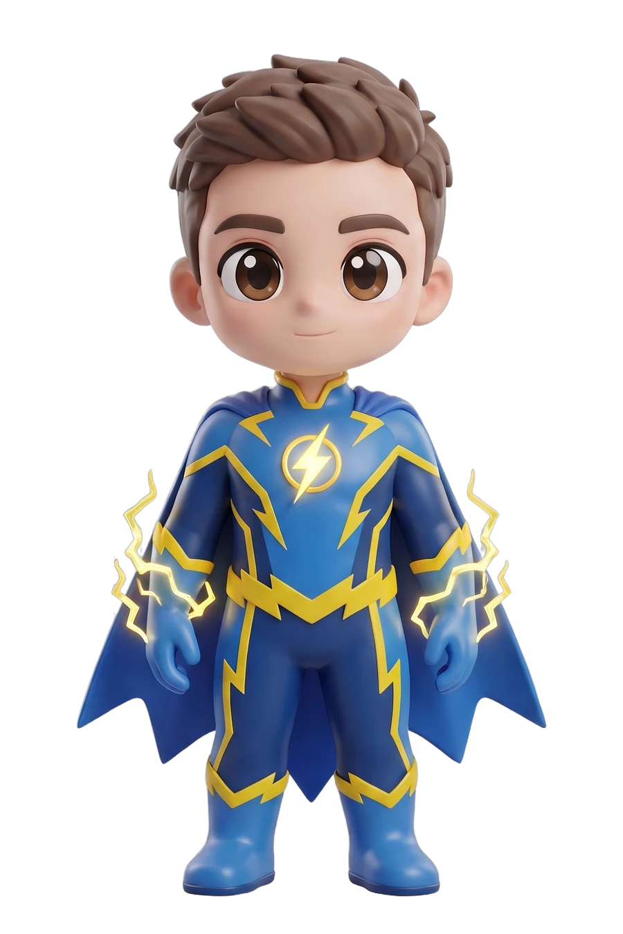 Chibi figurine of a hero in a blue and yellow lightning suit and cape