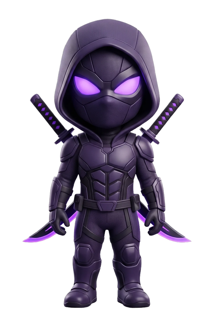 Chibi figurine of a hooded hero in purple, twin blades drawn