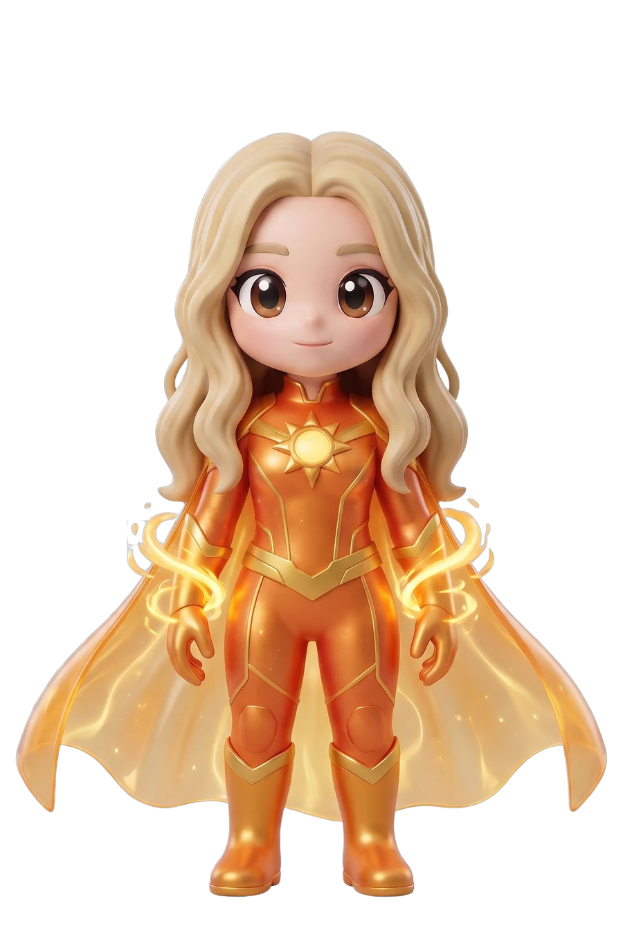 Chibi figurine of a heroine in golden armour with a glowing cape