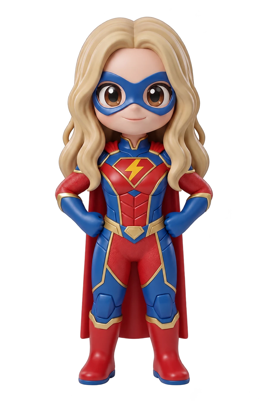 Chibi figurine of a woman superhero in a blue and red suit, cape and mask