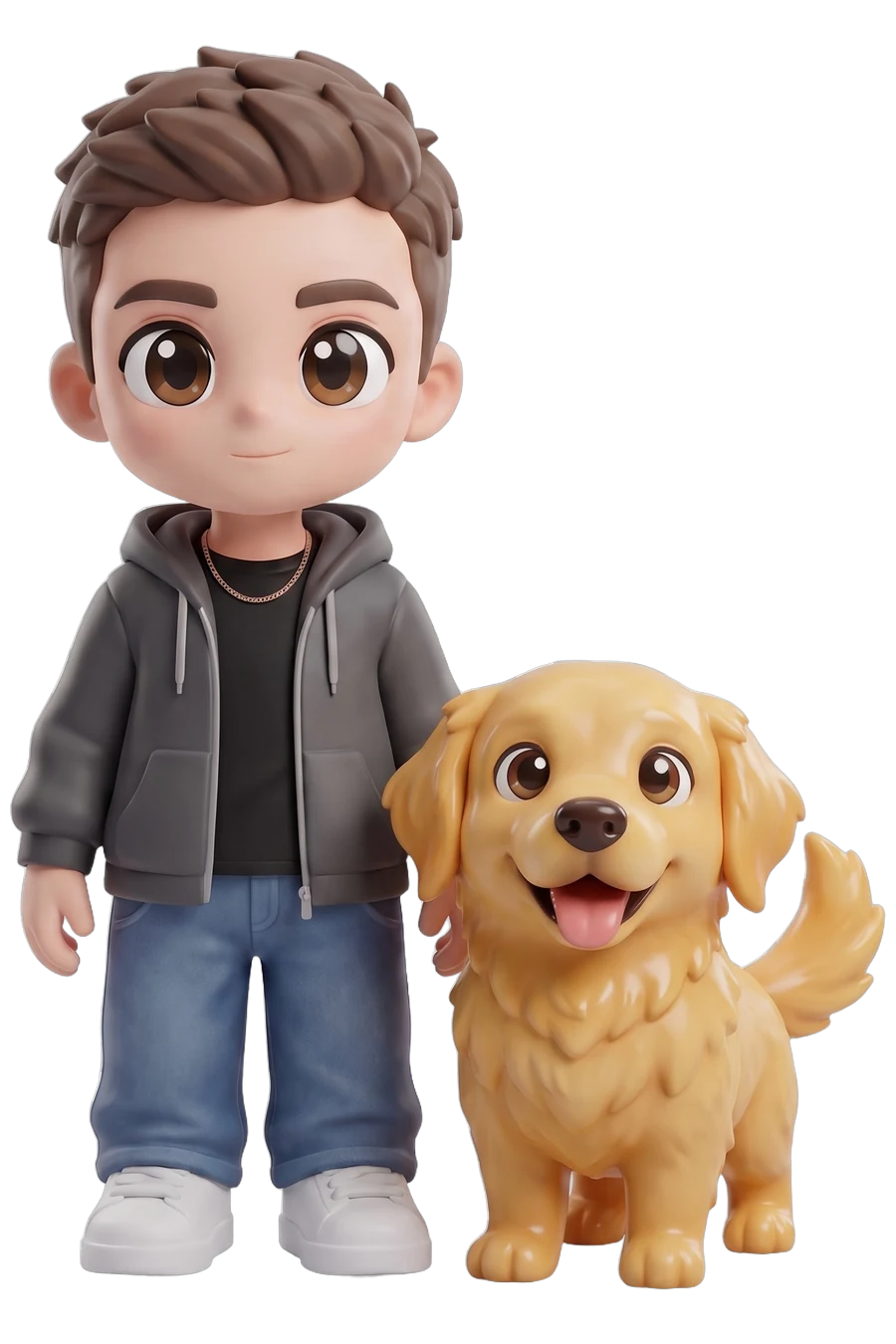 Chibi figurine of a man and his golden retriever on one shared base