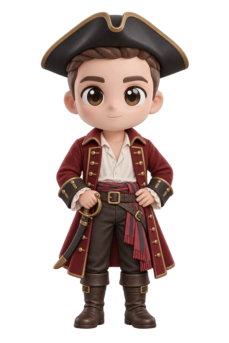 Chibi figurine of a man dressed as a pirate captain, cutlass at his hip