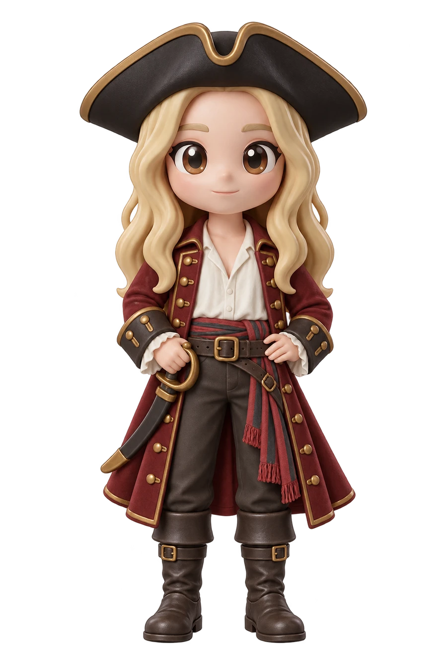 Chibi figurine of a woman dressed as a pirate captain, cutlass at her hip