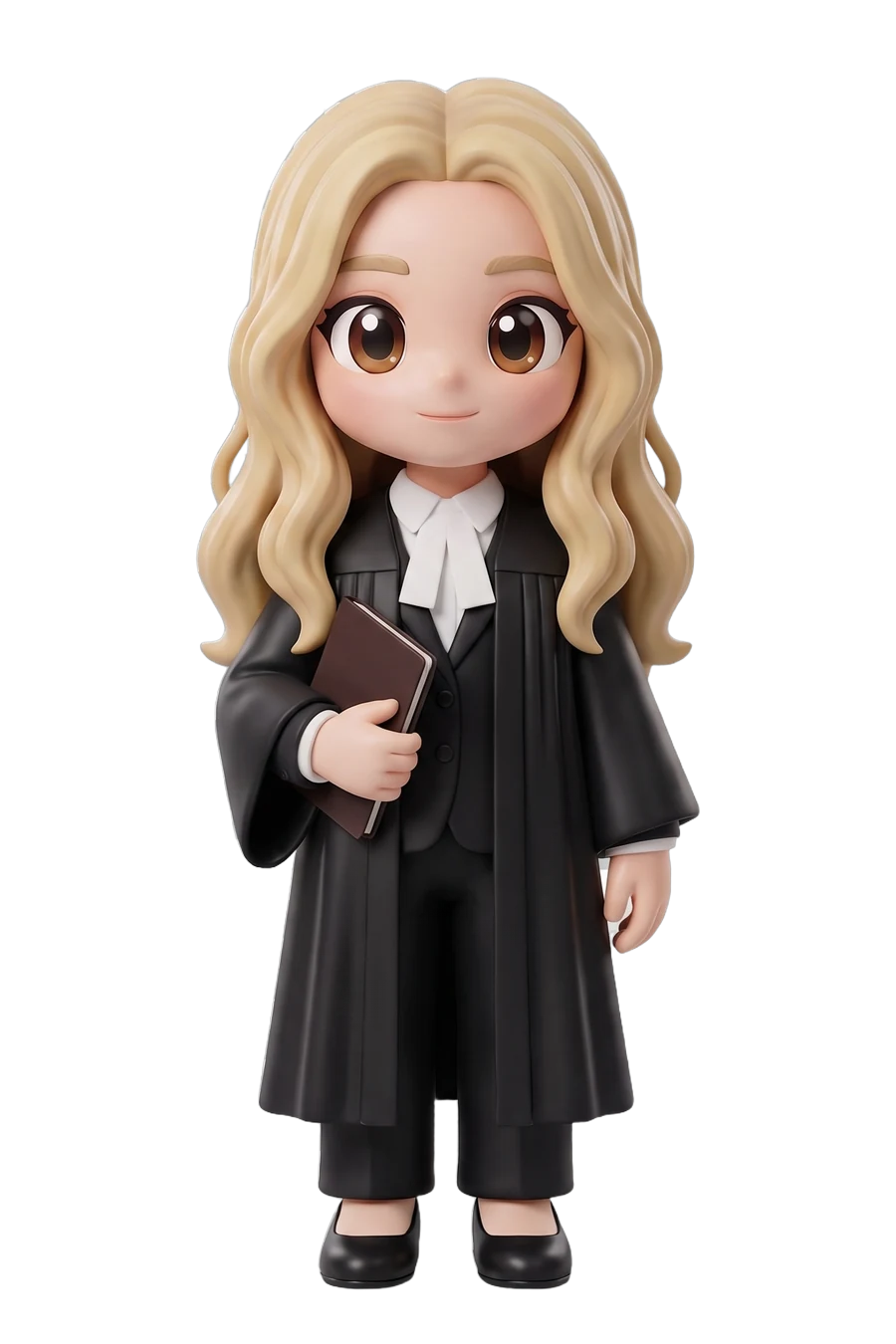 Chibi figurine of a lawyer in a black court robe, file under one arm