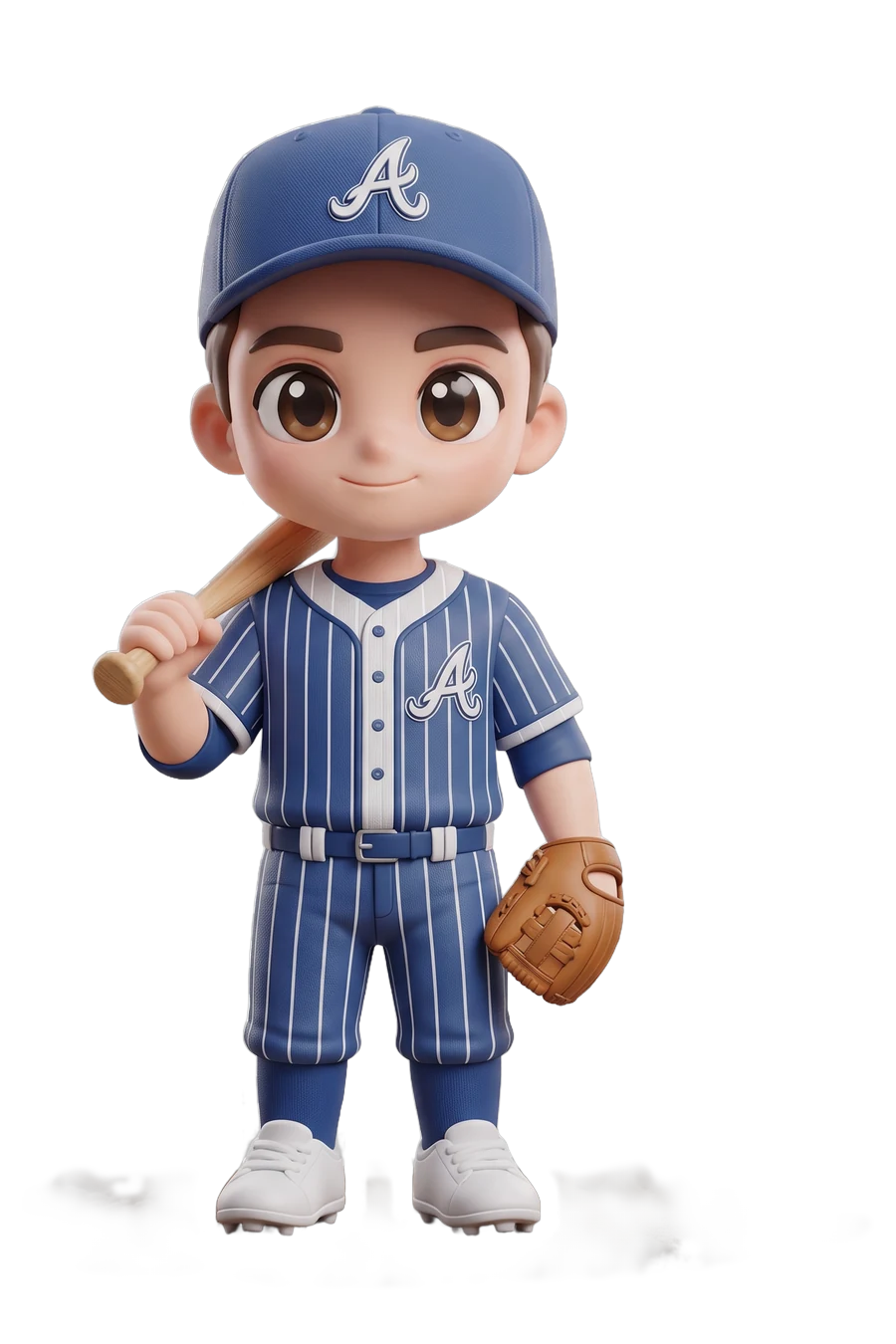 Chibi figurine of a baseball player in pinstripes, bat on the shoulder and a glove