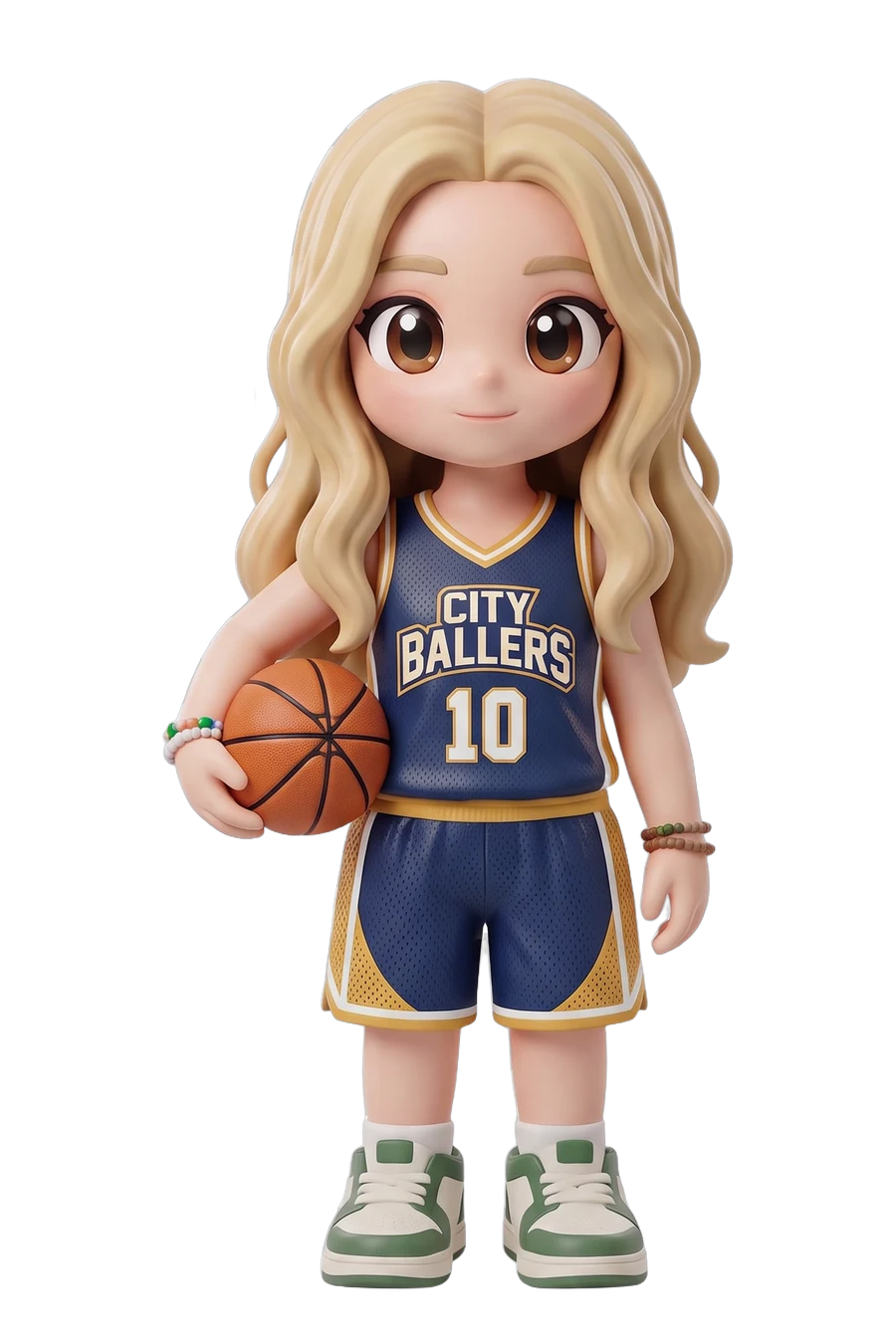 Chibi figurine of a basketball player in a navy jersey, ball on the hip