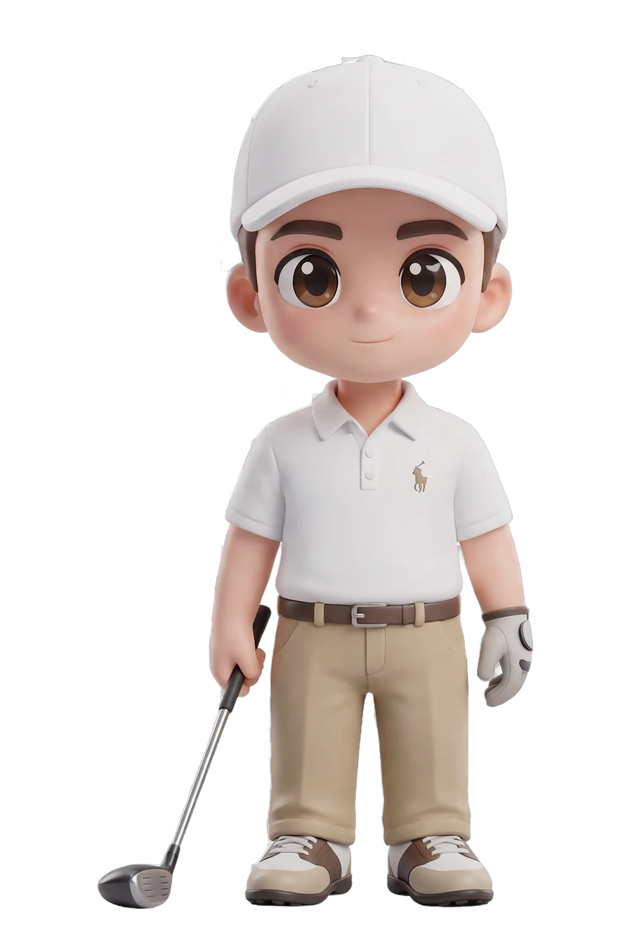 Chibi figurine of a golfer in a white cap and polo, club in hand
