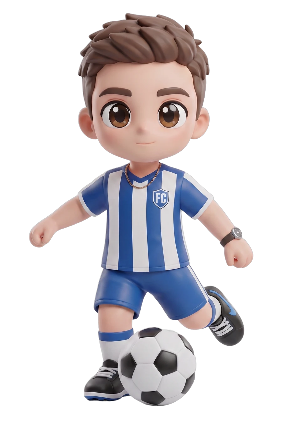 Chibi figurine of a soccer player in a blue and white striped kit, foot on the ball