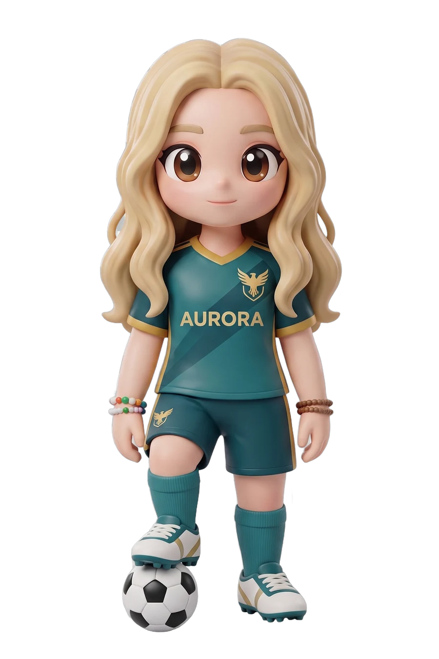 Chibi figurine of a footballer in a green kit, one foot on the ball