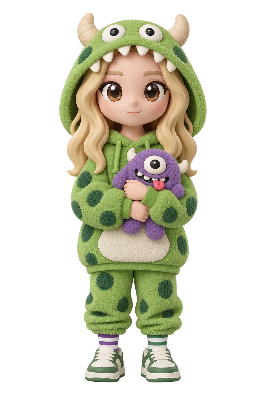 Chibi figurine of a woman in a fuzzy monster hoodie, hugging a plush monster