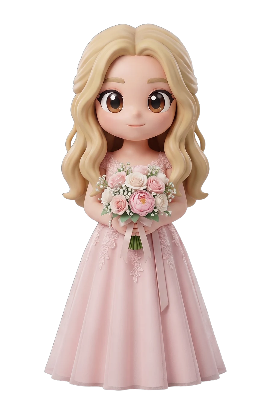 Chibi figurine of a guest in a pink dress, holding a bouquet of roses