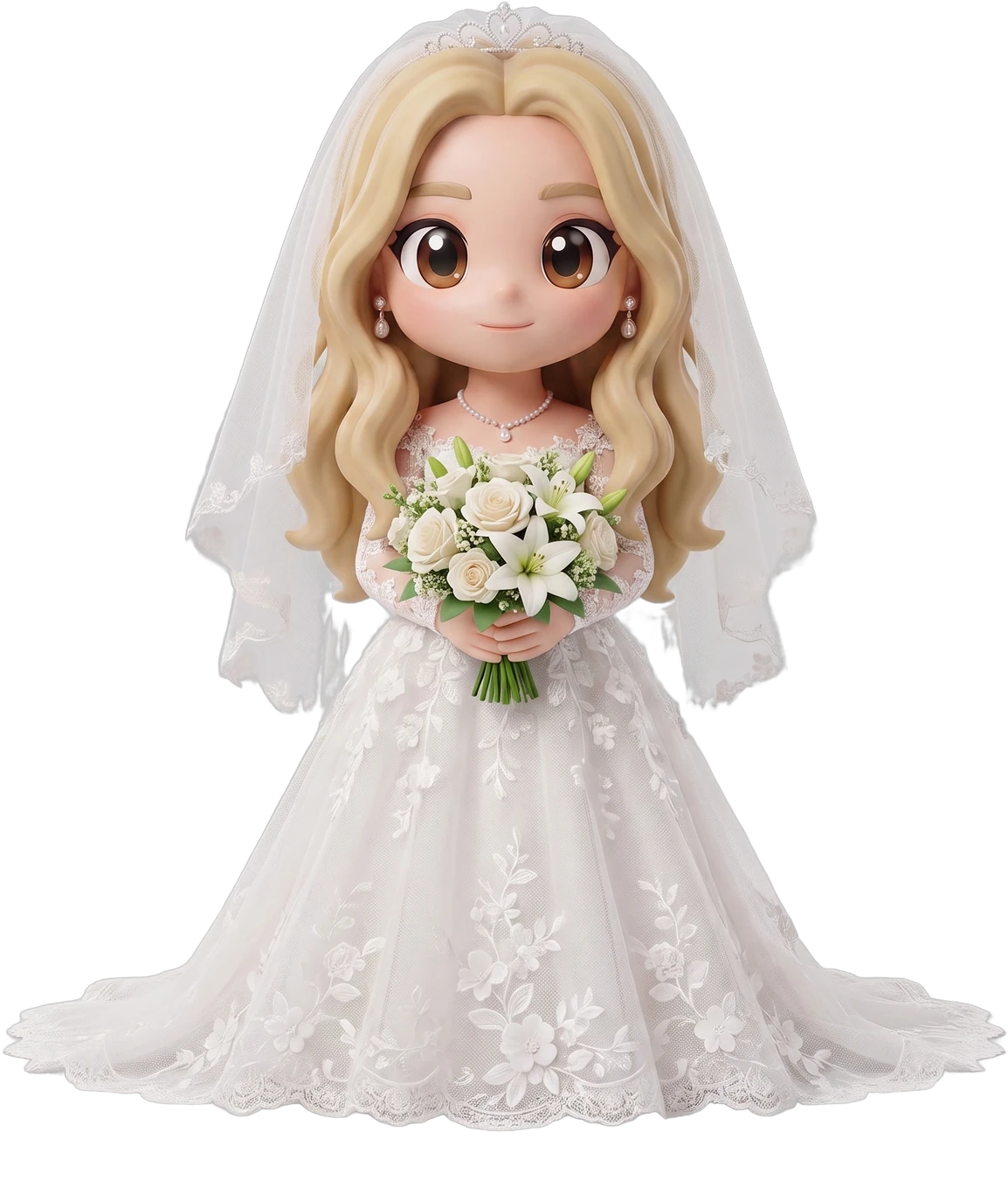 Chibi figurine of a bride in a white lace dress and veil, holding her bouquet