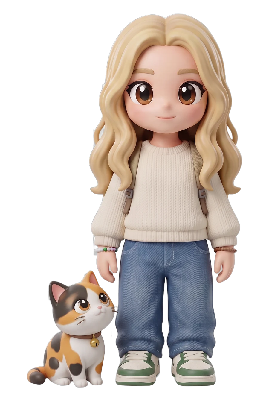 Chibi figurine of a woman and her cat, side by side on one shared base