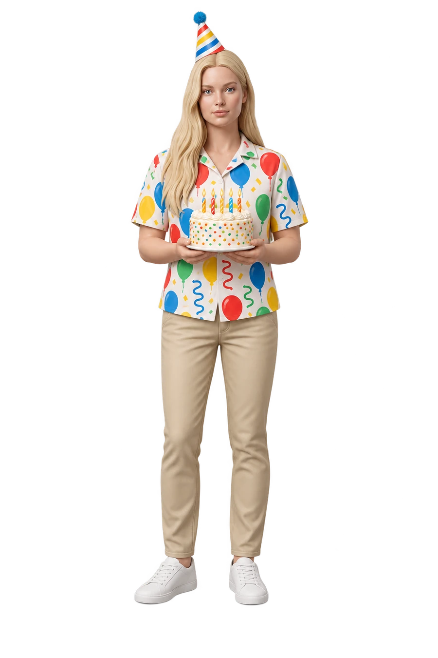 Figurine of a woman in a party hat holding a birthday cake