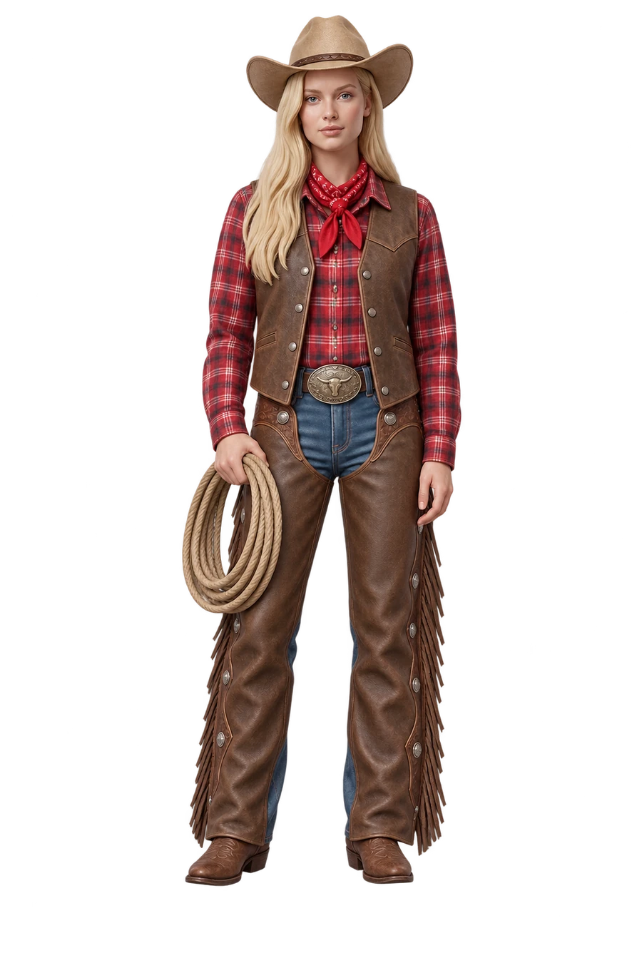 Figurine of a cowgirl in a cowboy hat and chaps, holding a lasso