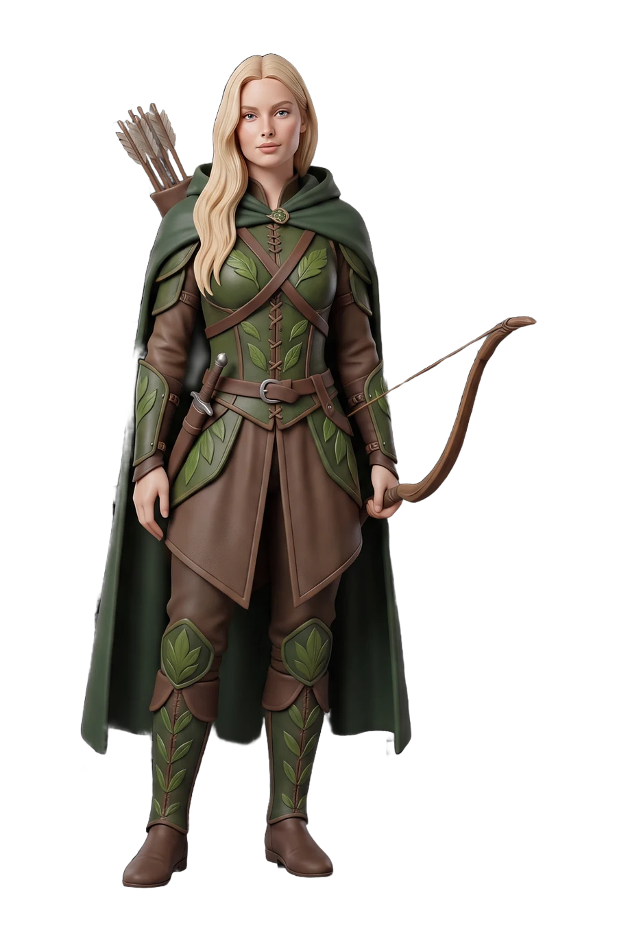 Figurine of an elf archer in green leaf armour, hooded cape and a bow