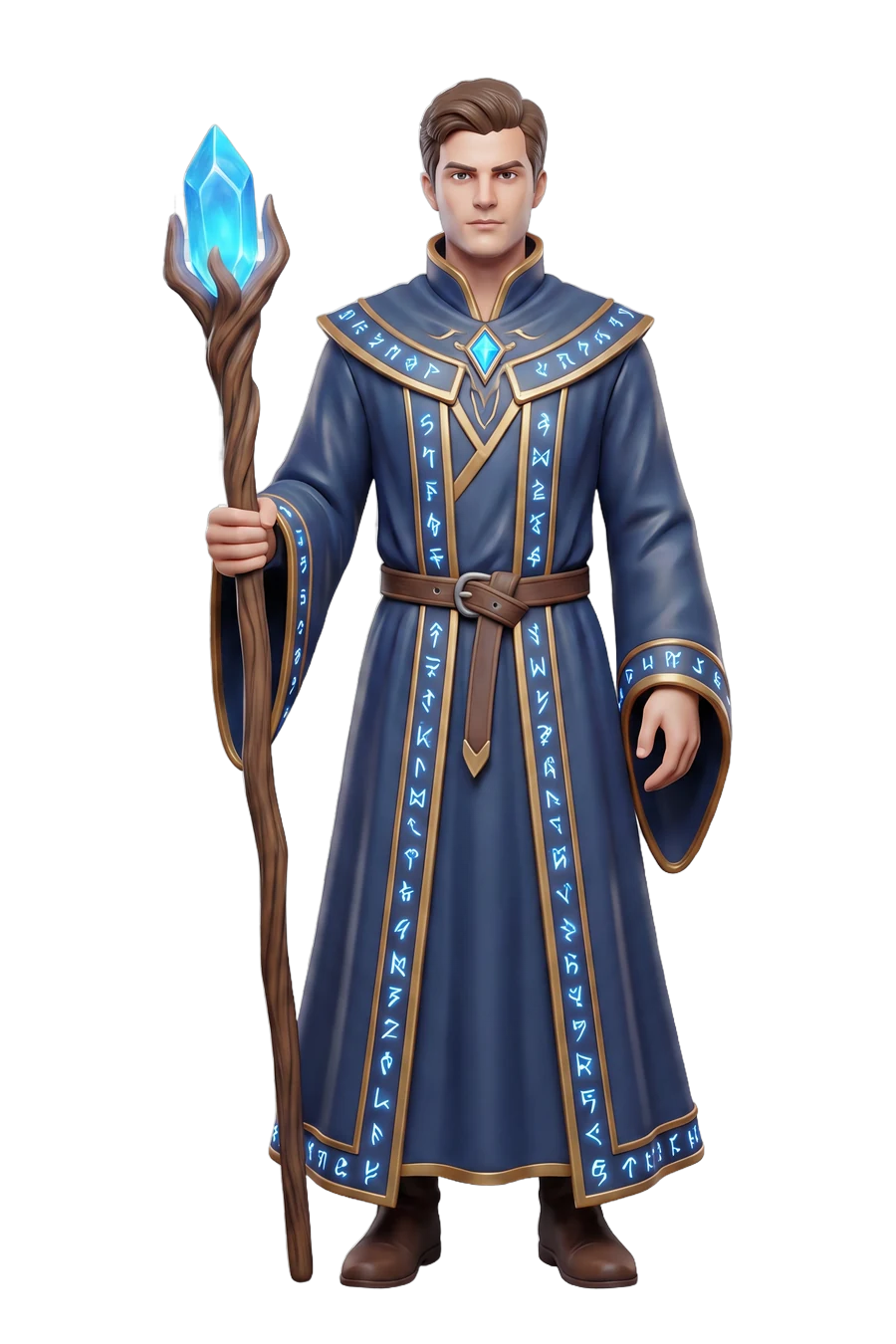 Figurine of a wizard in a blue rune robe, crystal staff in hand