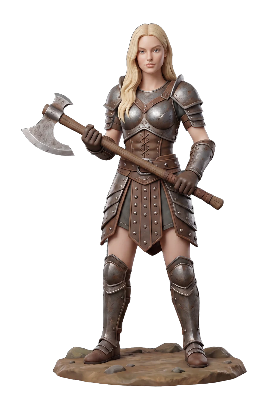 Figurine of a shield maiden in worn steel armour, an axe across her chest