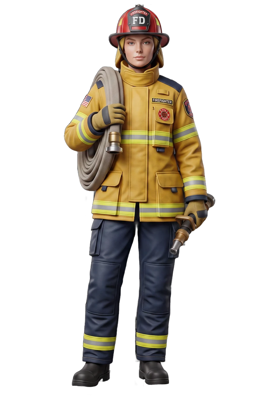 Figurine of a woman firefighter in turnout gear with reflective stripes
