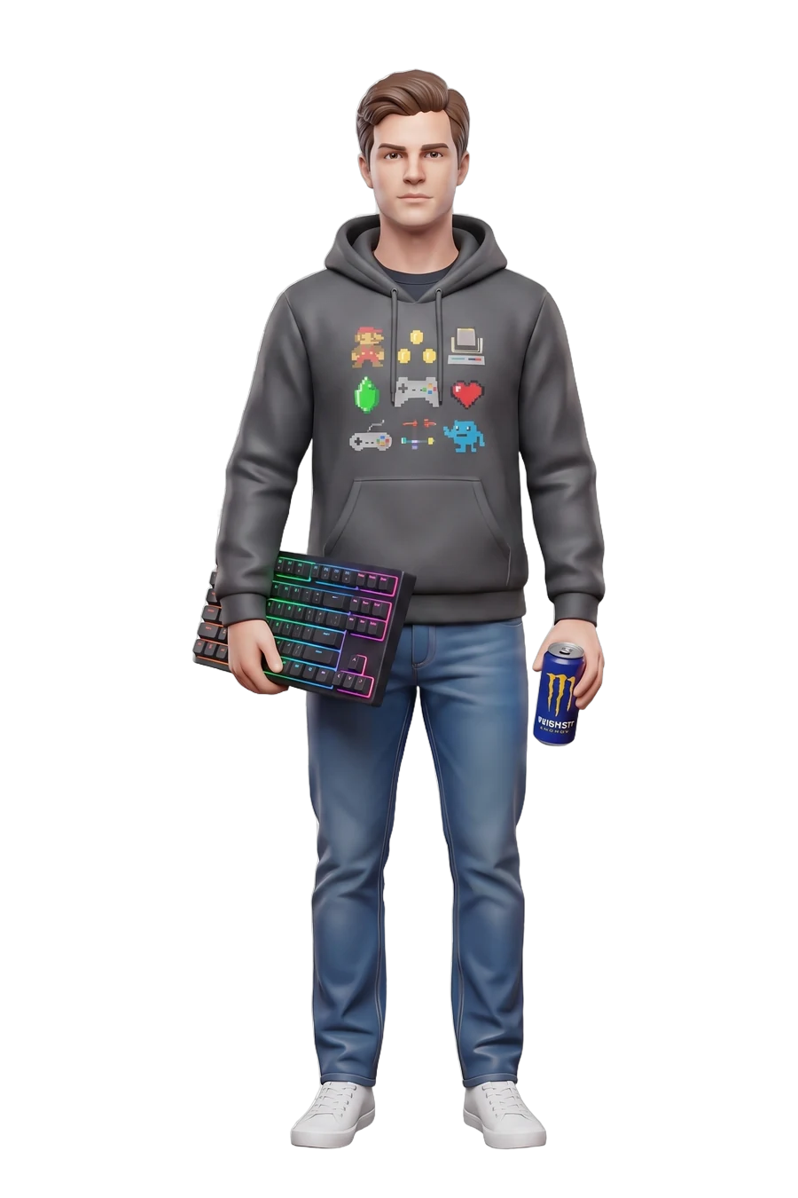 Figurine of a gamer in a grey hoodie, keyboard and energy drink in hand