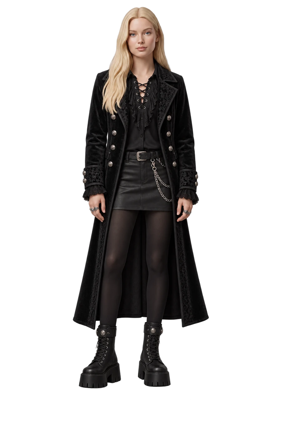 Figurine of a woman in a long black velvet coat, lace top and platform boots