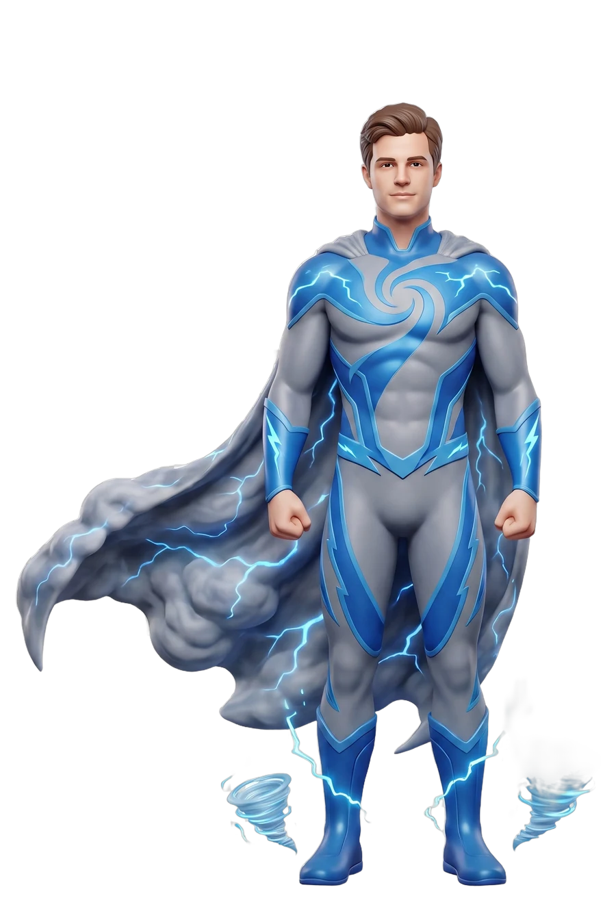 Figurine of a hero in a blue storm suit with a billowing cape