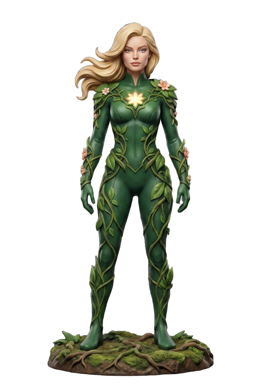 Figurine of a heroine in green vine armour, standing on mossy ground