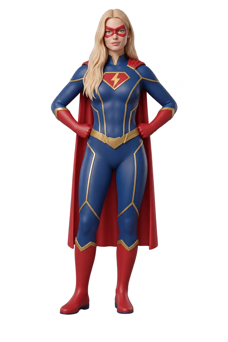 Figurine of a woman superhero in a blue and red suit, cape and mask