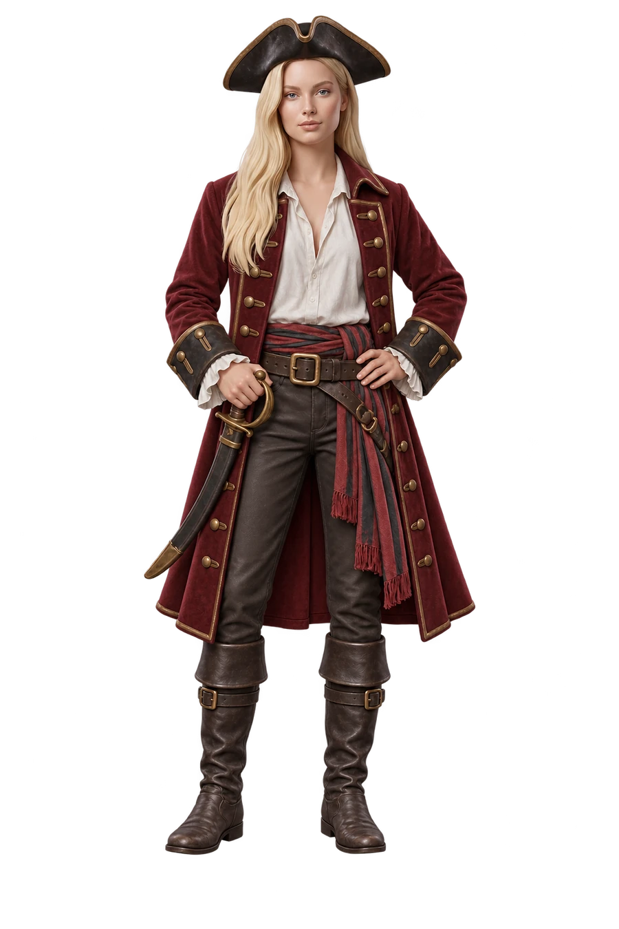 Figurine of a woman dressed as a pirate captain, cutlass at her hip