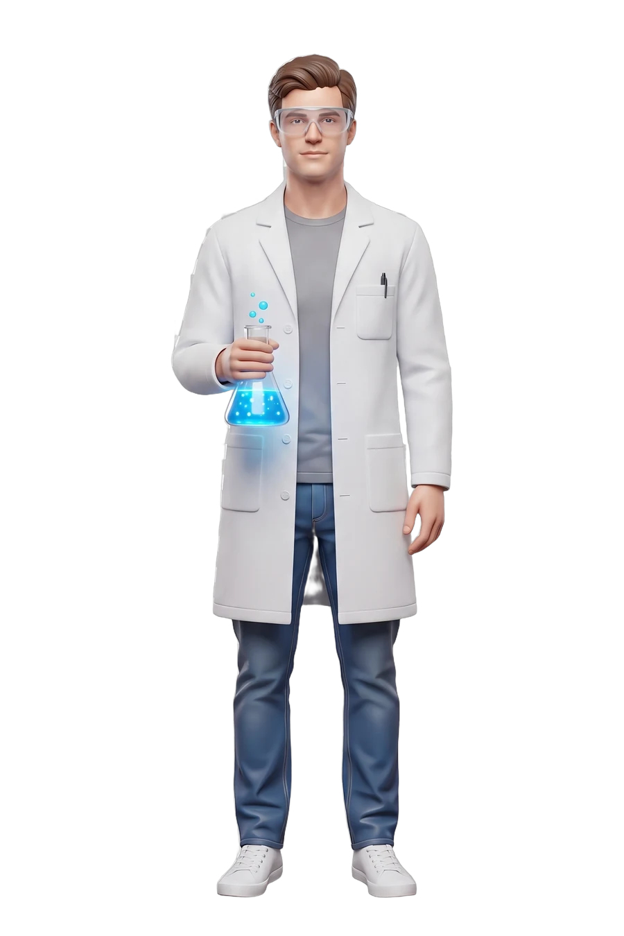 Figurine of a scientist in a lab coat and safety glasses, glowing flask in hand