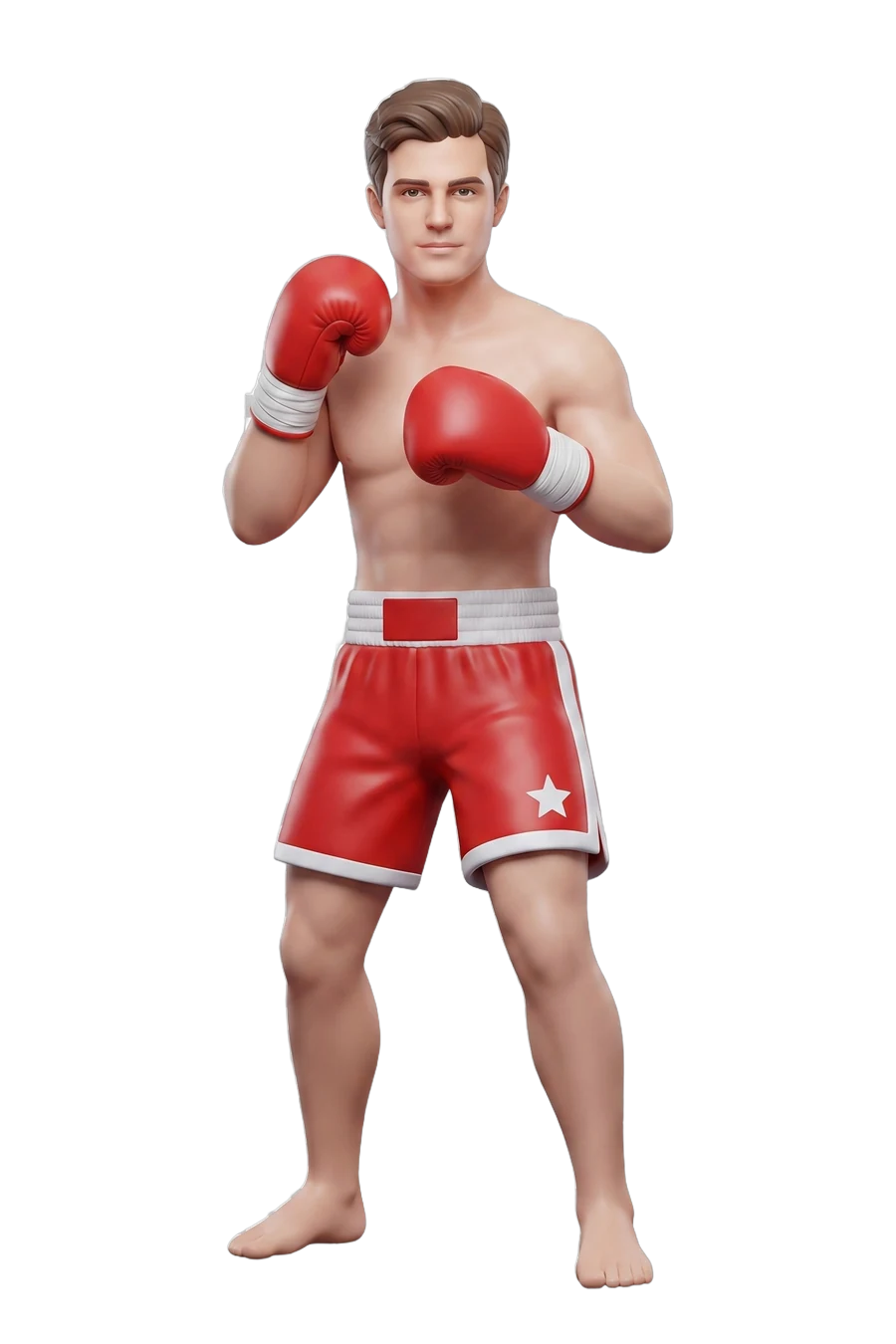 Figurine of a boxer in red trunks, gloves up in a guard stance