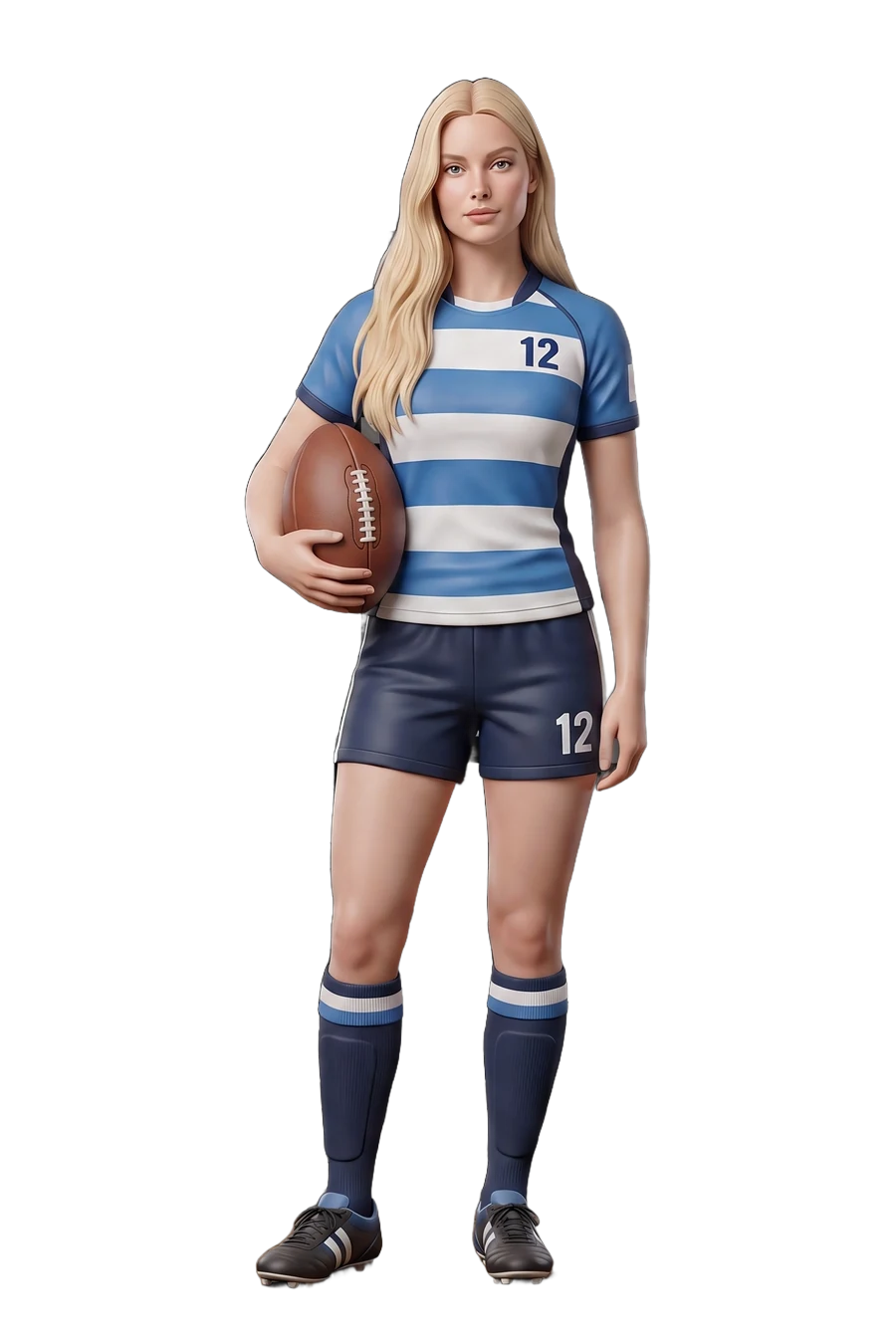 Figurine of a rugby player in a hooped jersey, ball under one arm