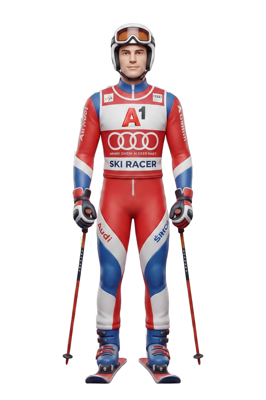 Figurine of a downhill skier in a race suit, helmet, goggles and poles