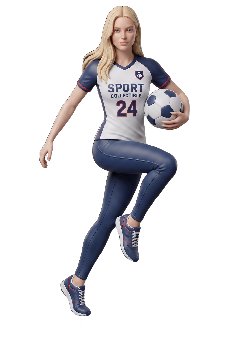 Figurine of a woman soccer player, ball under her arm