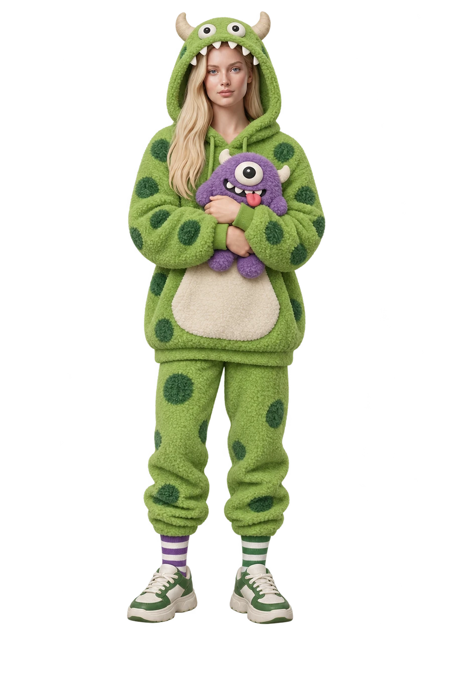 Figurine of a woman in a fuzzy monster hoodie, hugging a plush monster