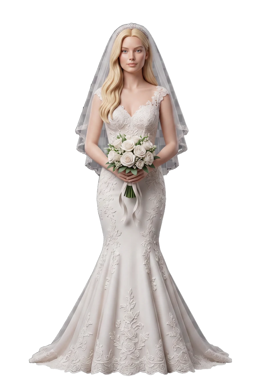 Figurine of a bride in a fitted lace gown and veil, bouquet of white roses