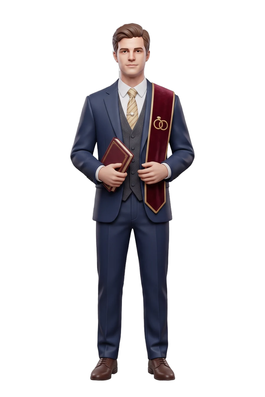 Figurine of an officiant in a navy suit with a ring stole, register in hand
